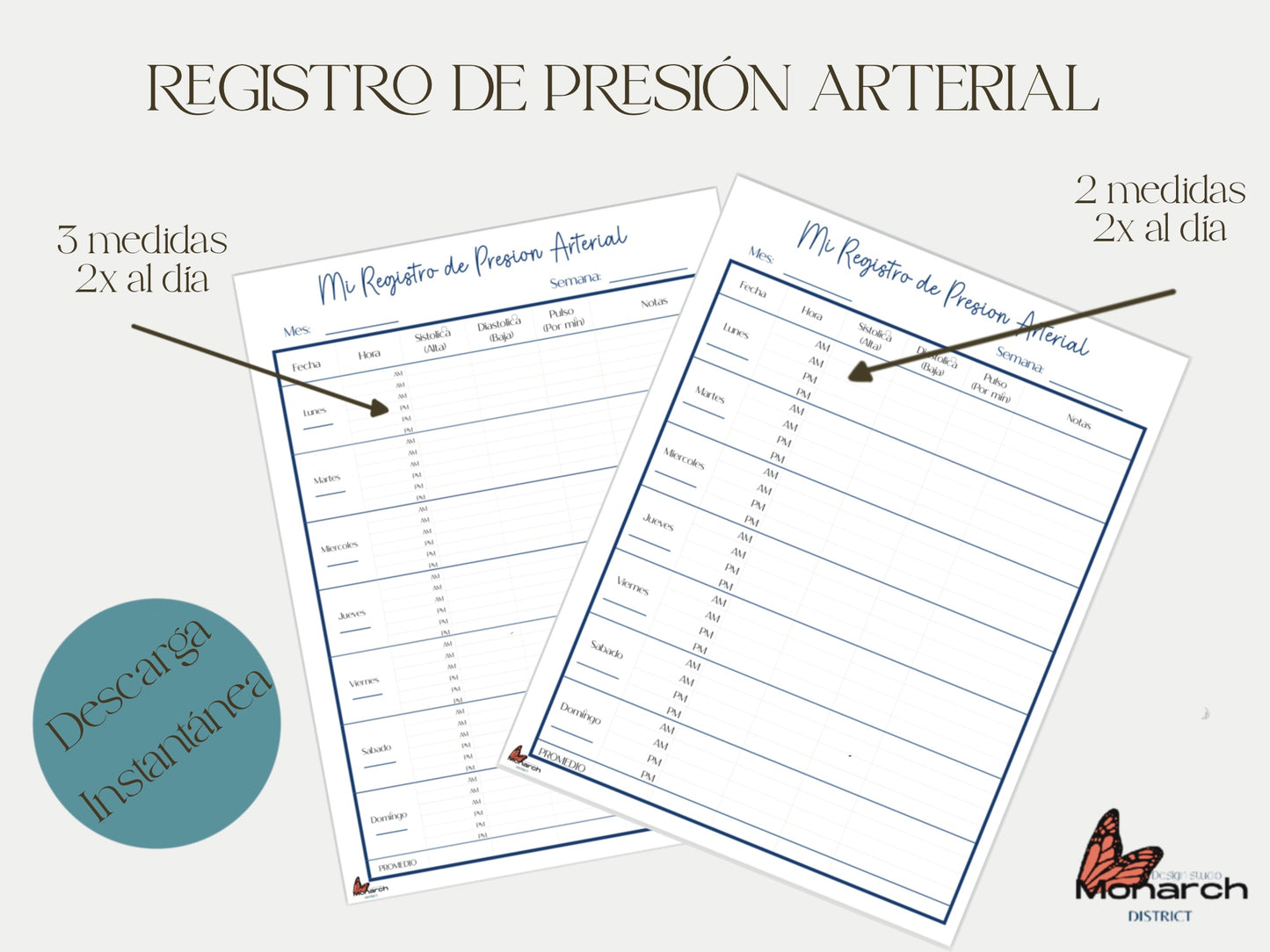 Registro de presion arterial, registro imprimible para tension arterial, medidas de presion arterial en casa. ESPAÑOL. Home blood pressure log.