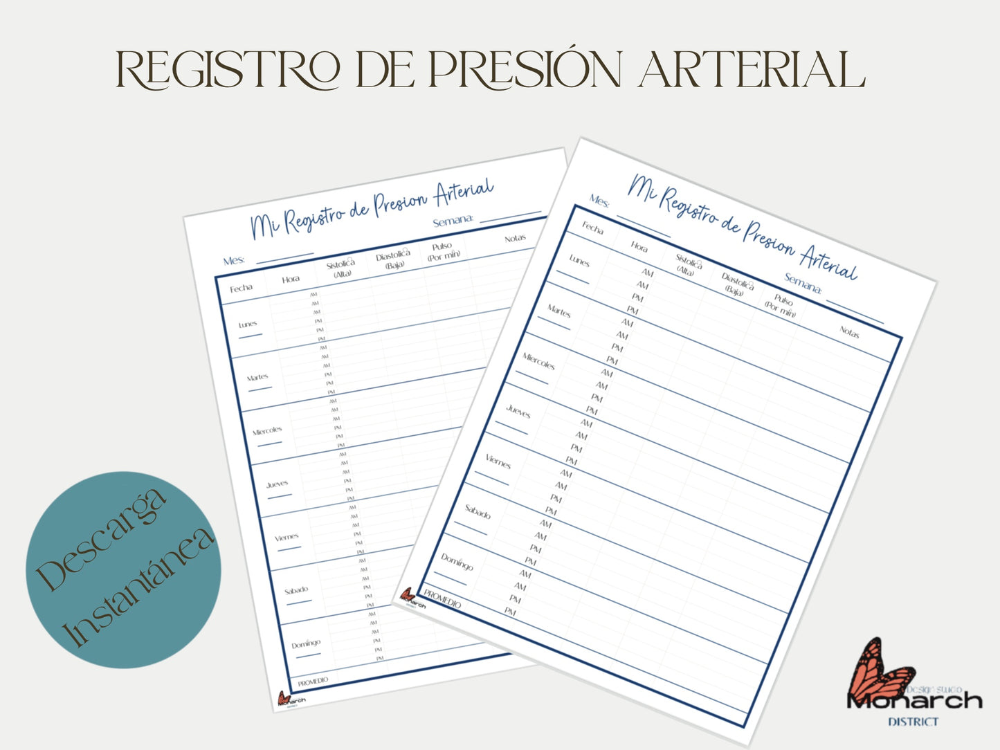 Registro de presion arterial, registro imprimible para tension arterial, medidas de presion arterial en casa. ESPAÑOL. Home blood pressure log.